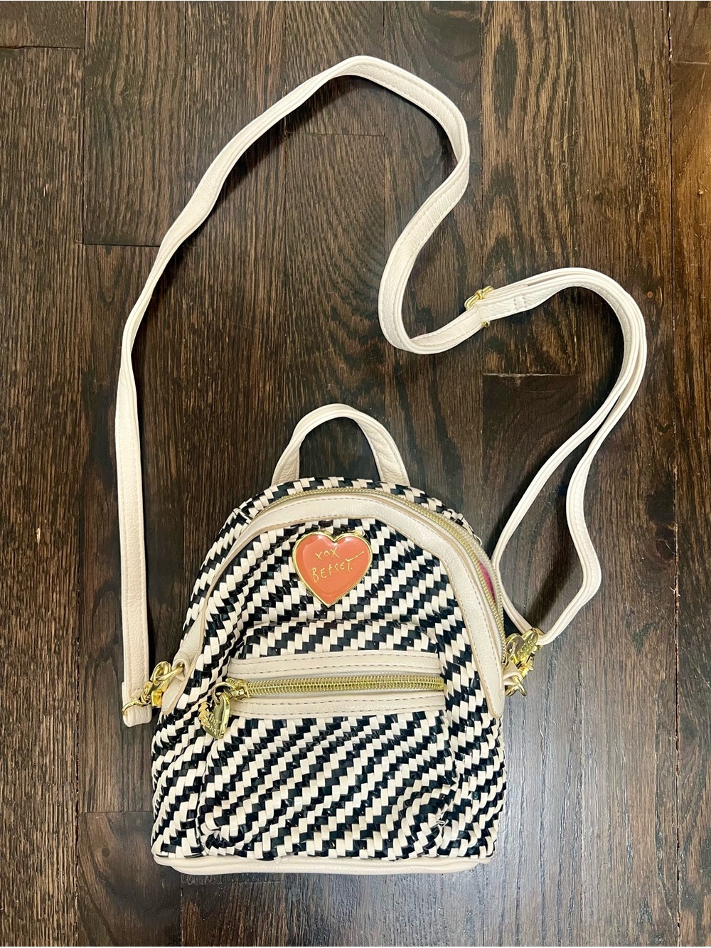 Betsey Johnson Black White Woven Mini Backpack Crossbody Bag